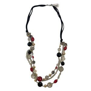 Multi-Strand Mixed Bead Necklace With Silver Black & Red Accents